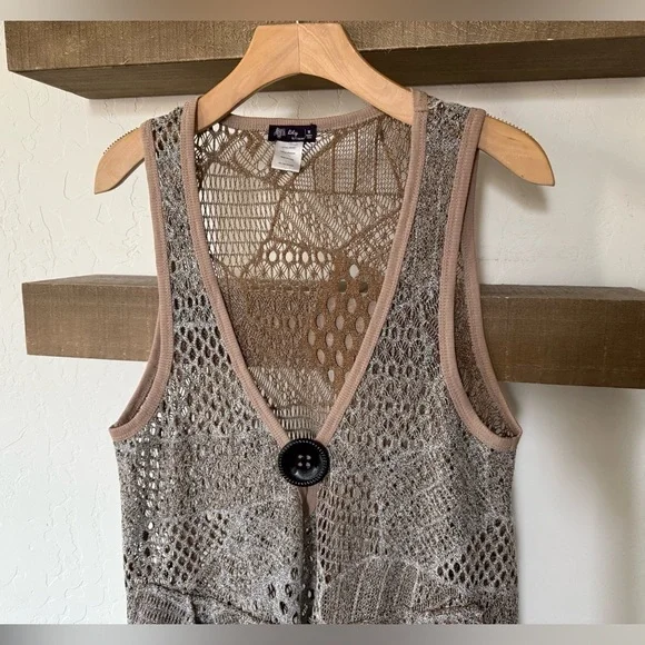 Lily|Tan neutral knit cardigan vest,boho lagenlook style•••asymmetrical artsy - Picture 2 of 8